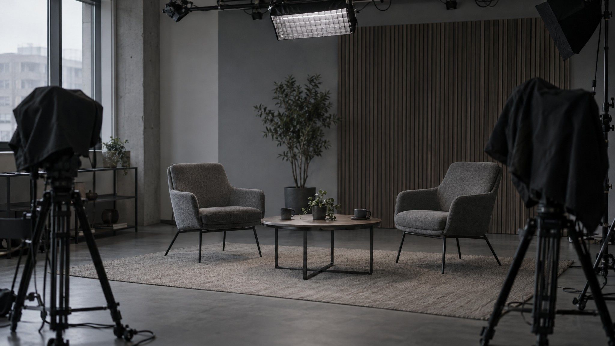 Small broadcast studio at rest with two chairs and cameras on tripods