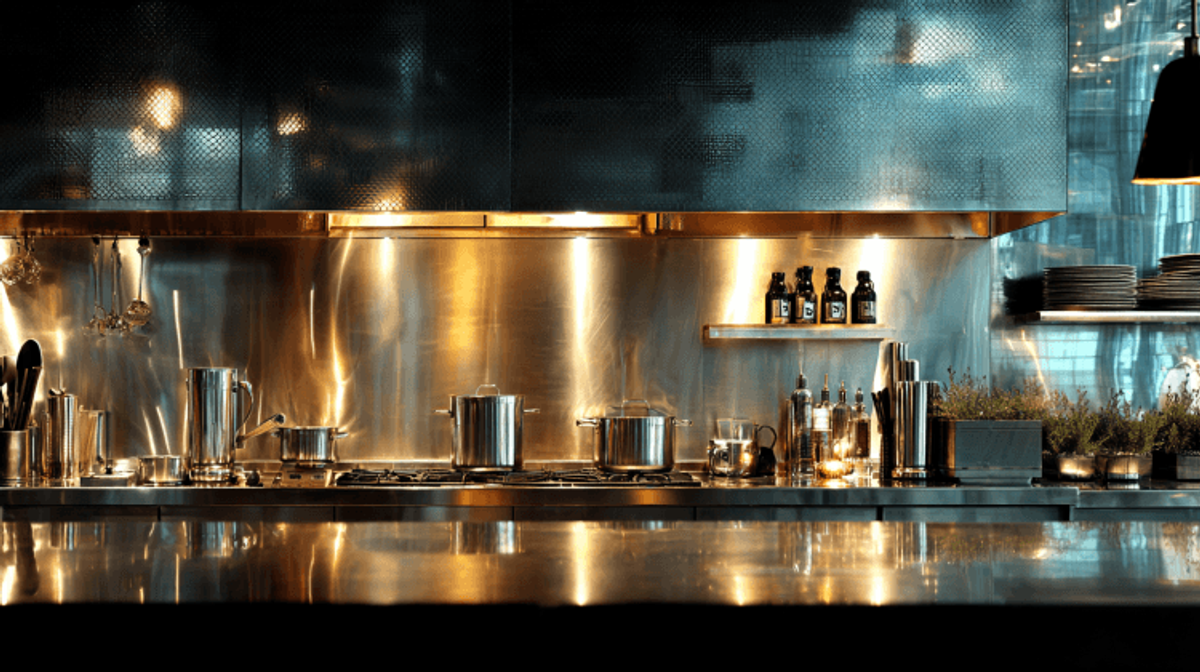 Modern kitchen with stainless steel appliances and lighting