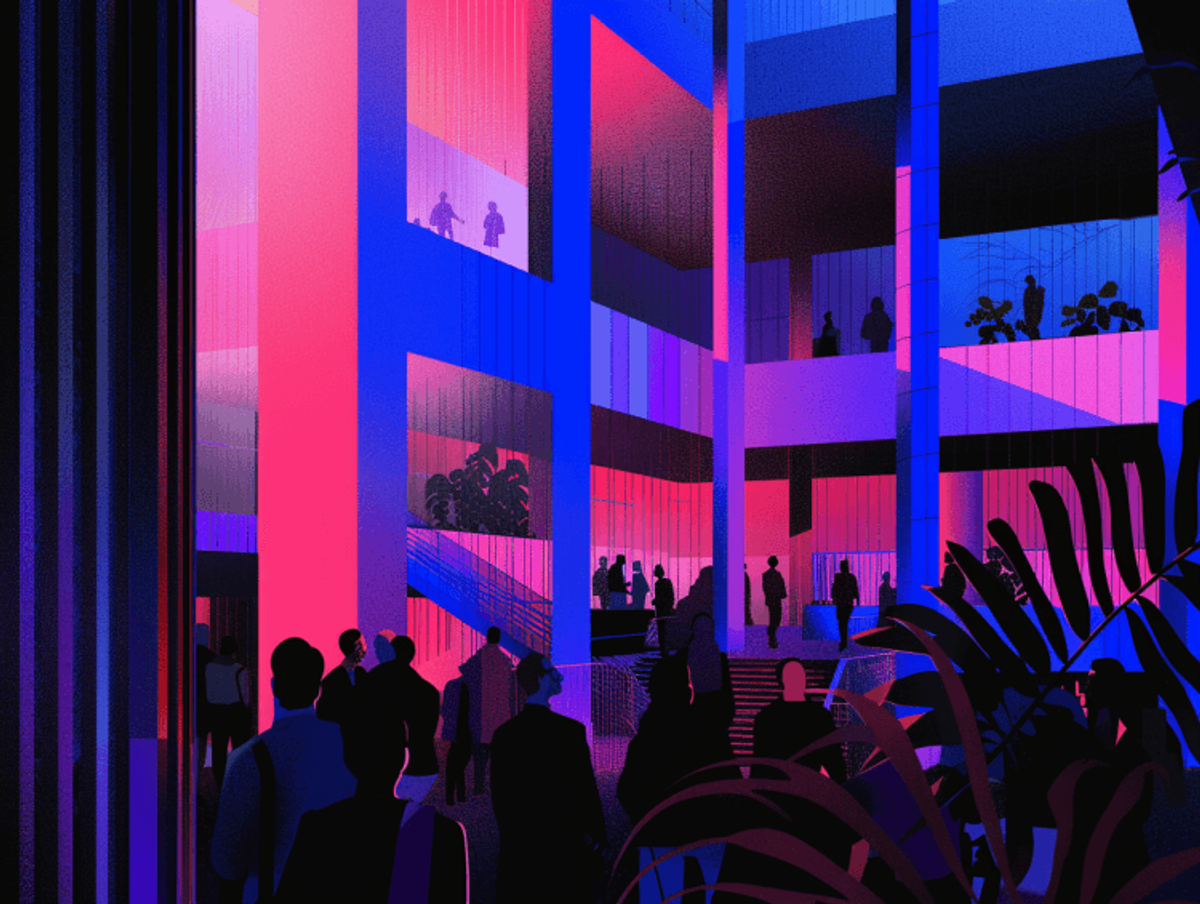 Colorful futuristic building interior with silhouettes.