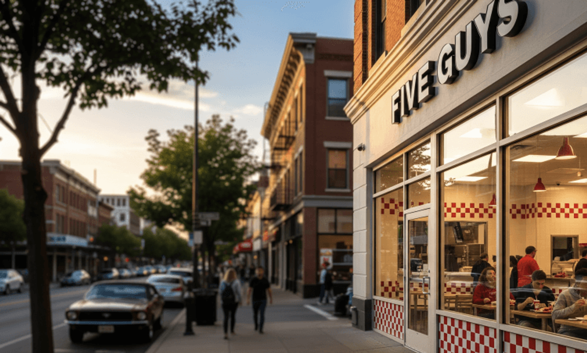 People dining at Five Guys restaurant on city street.