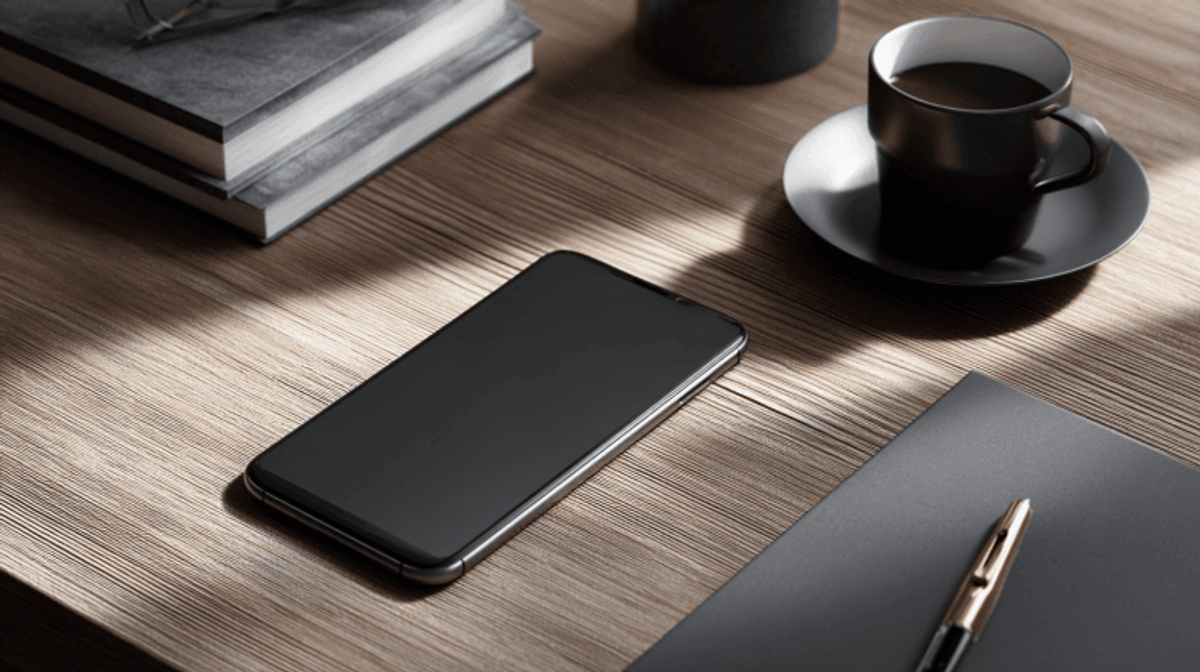 Smartphone, coffee cup, and book on wooden desk.