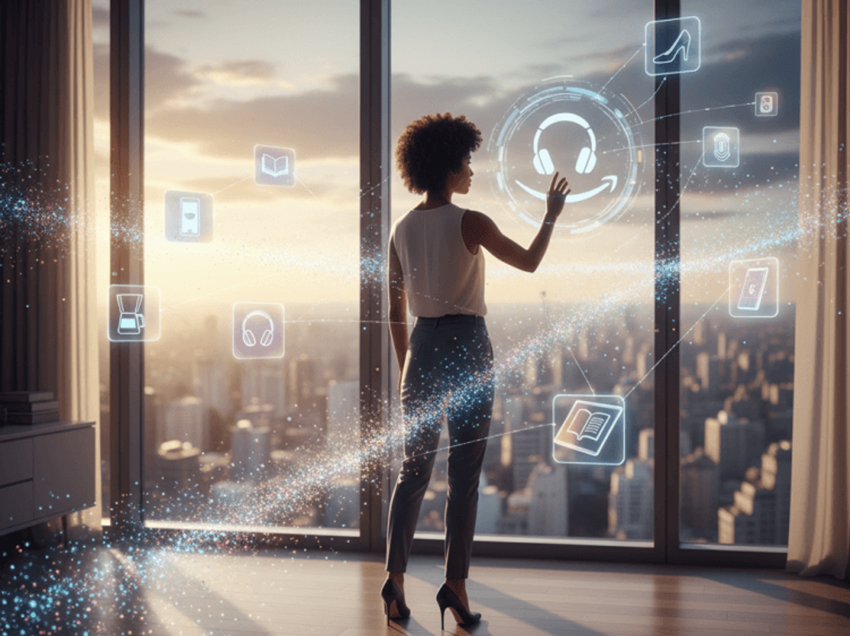 Woman interacting with virtual icons in modern office.