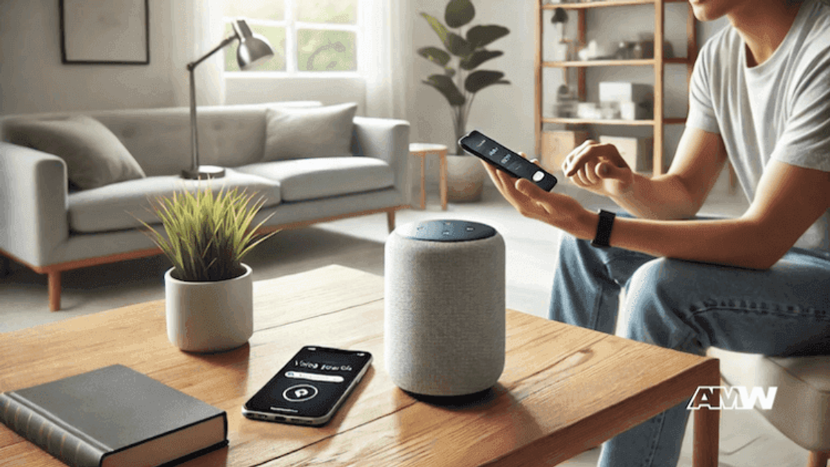 Person using smart speaker and phone in living room
