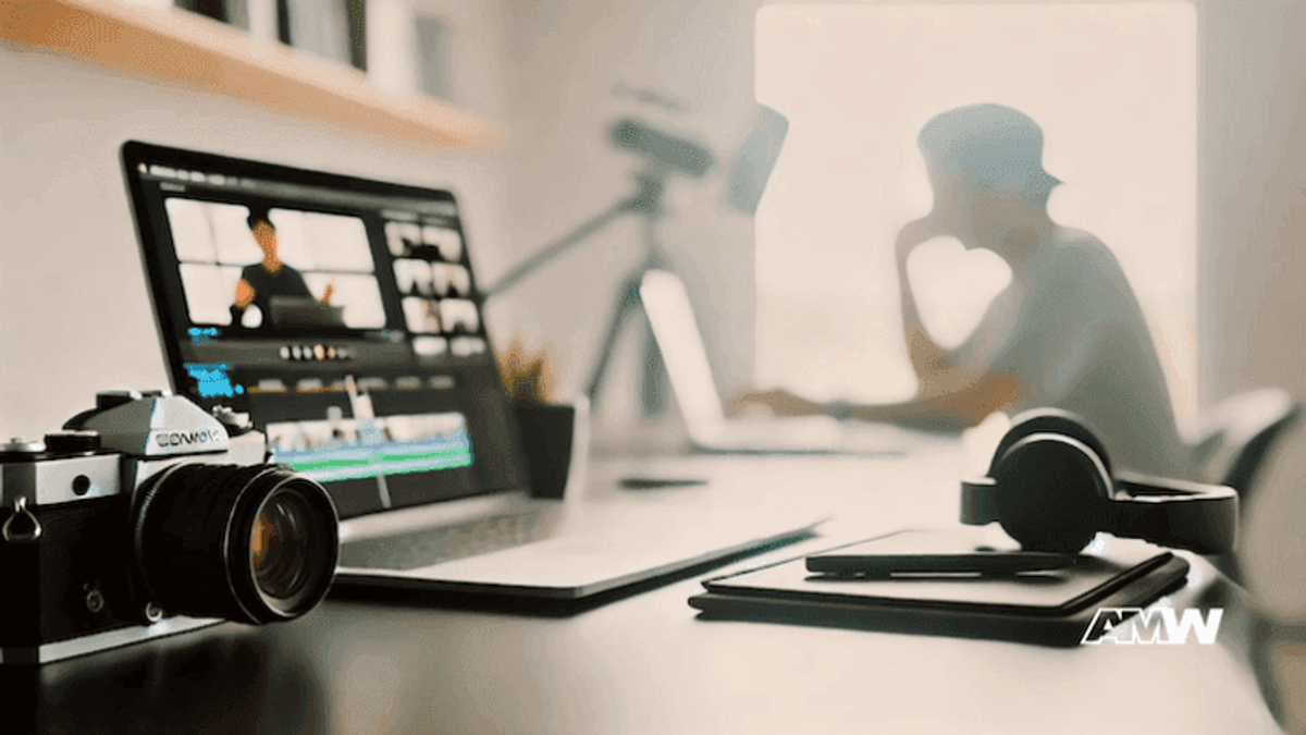 Video editing workspace with tools and equipment