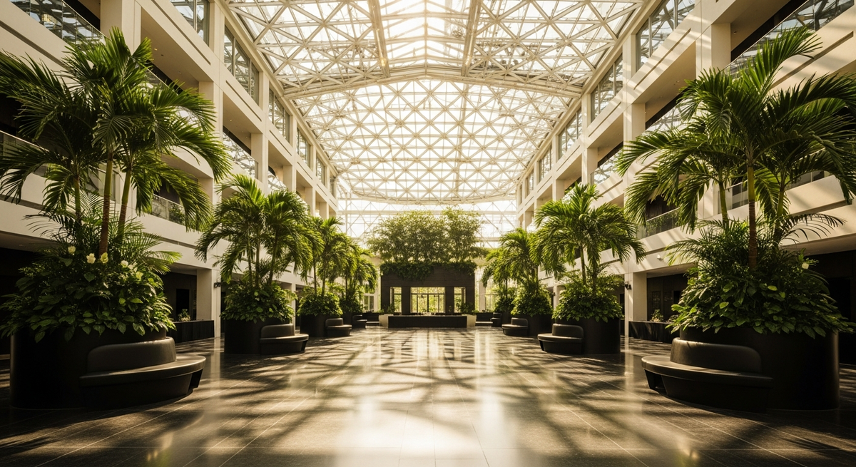 Grand glass atrium venue with soaring ceiling flooding natural light onto dark stone floors and lush greenery