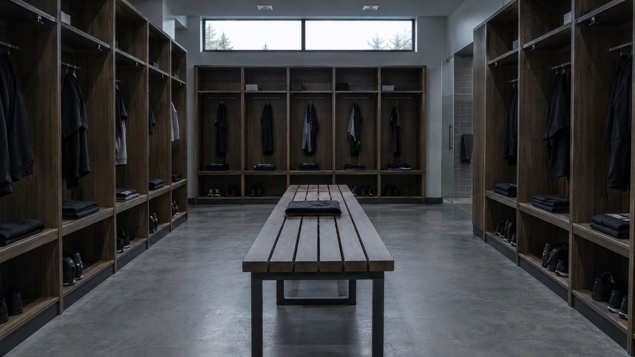 Empty team locker room with folded plain jerseys in cubicles