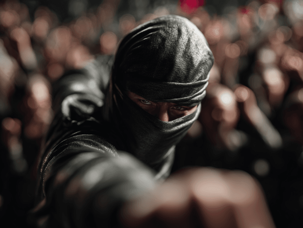 Ninja in action, fist extended towards camera.