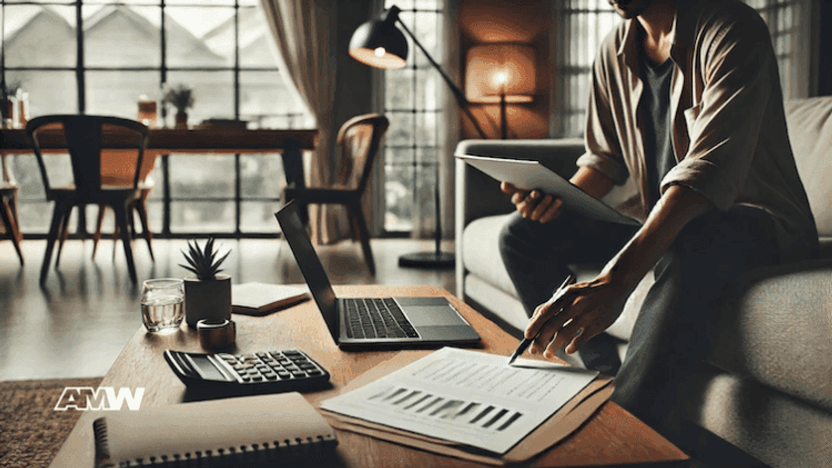 Person working remotely on couch with laptop and documents.
