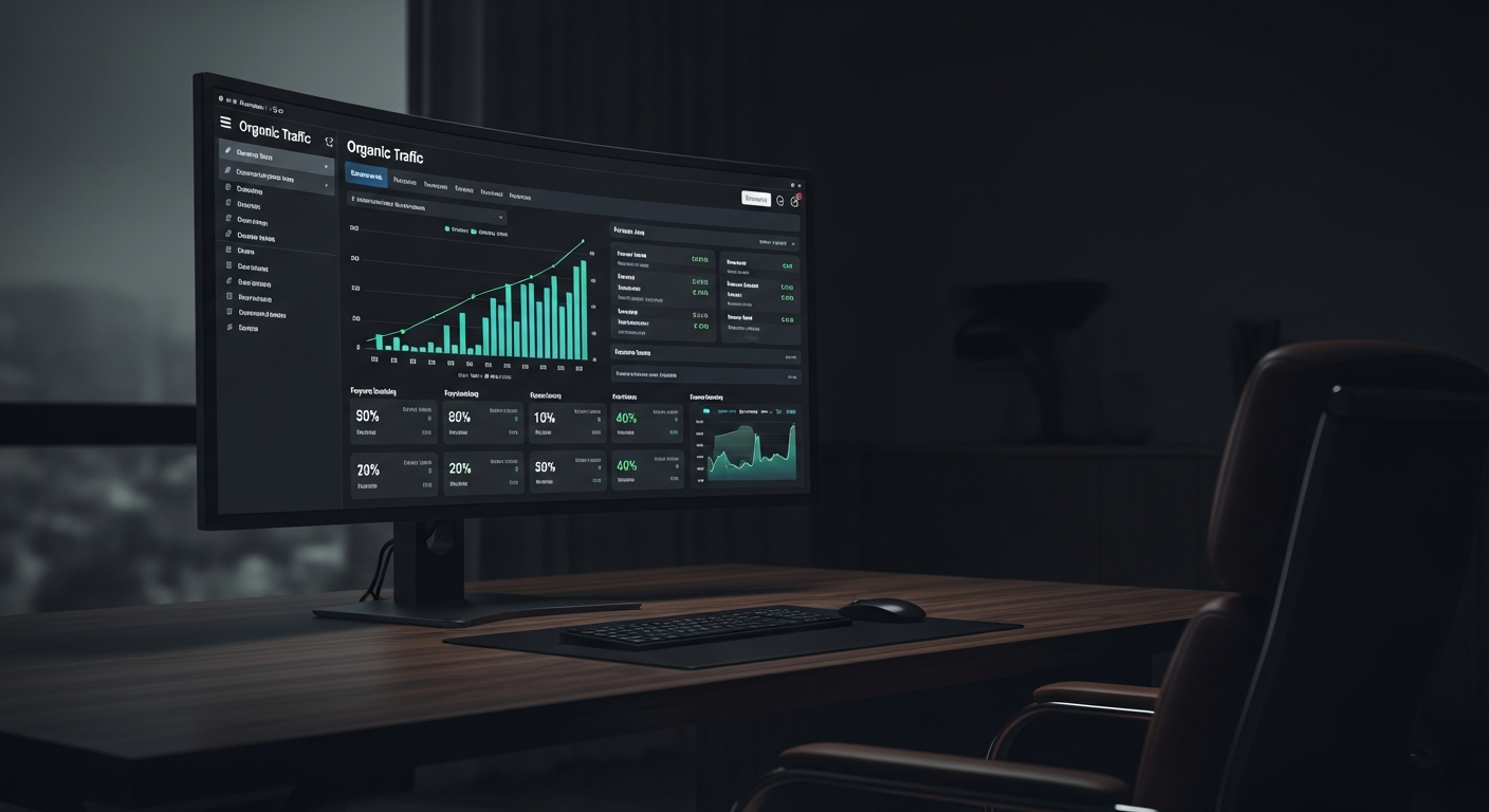 SEO analytics dashboard showing organic traffic growth and keyword rankings