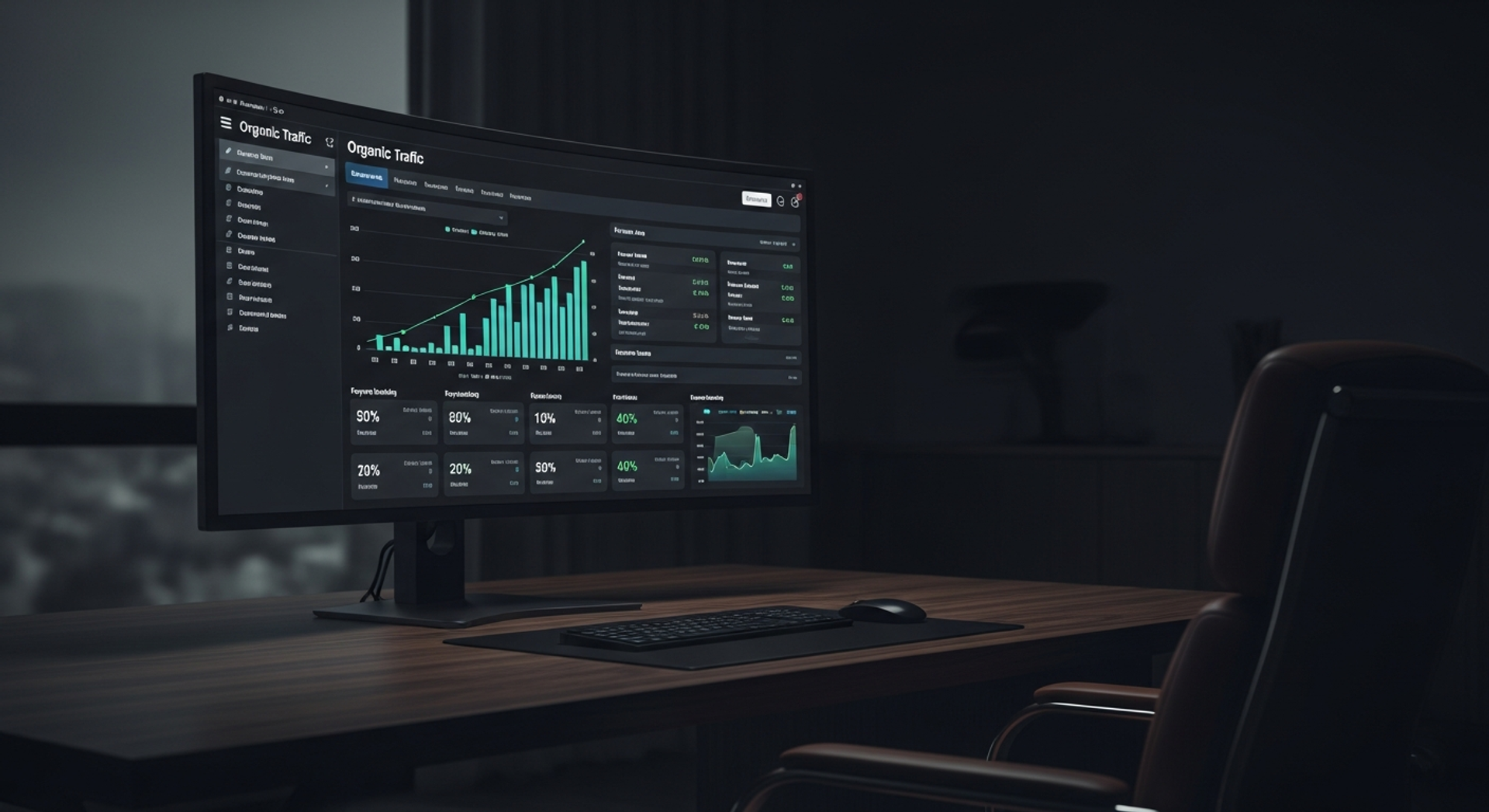 SEO analytics dashboard showing organic traffic growth and keyword rankings