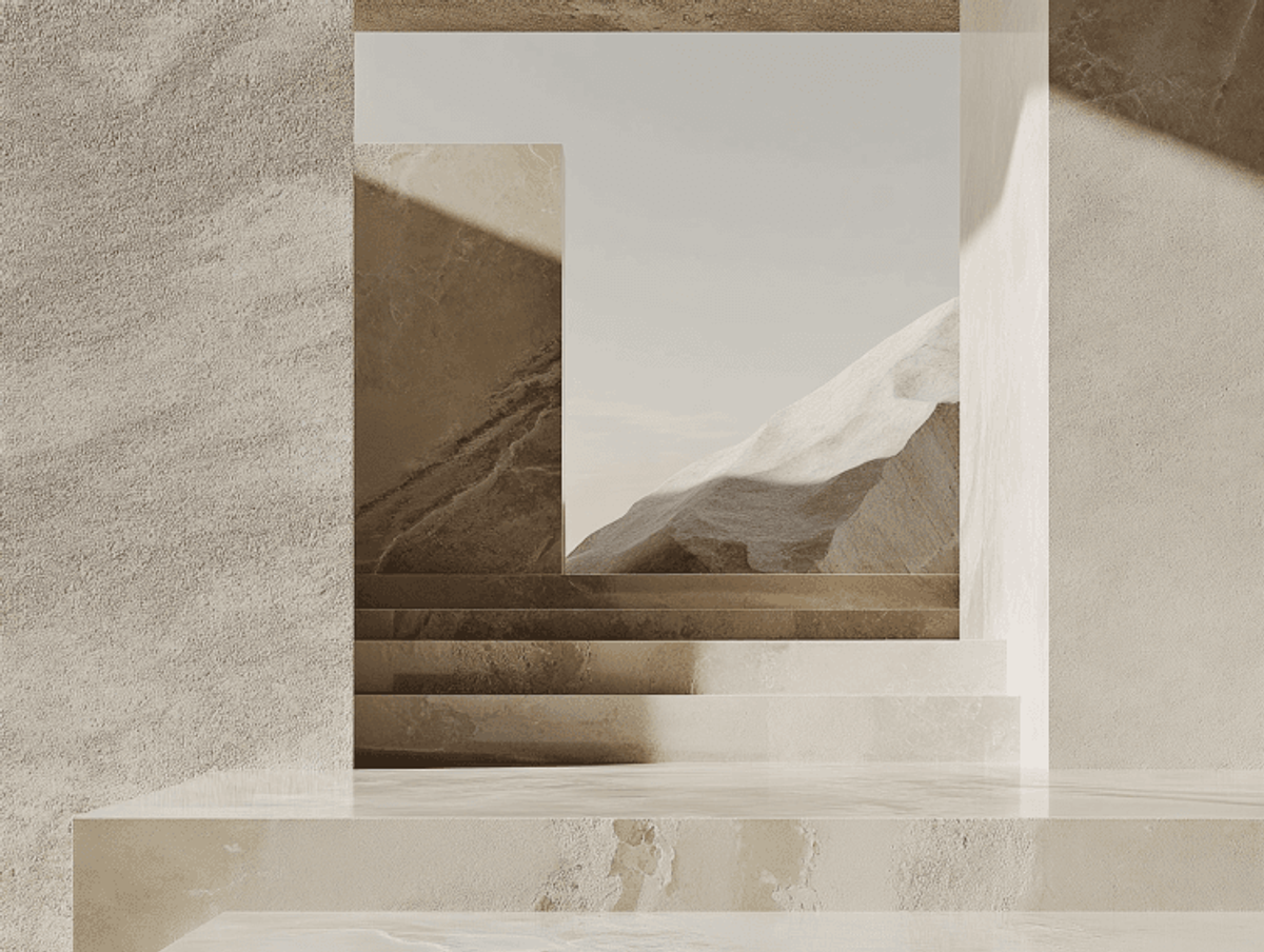 Modern architectural stone staircase with sunlight shadows.