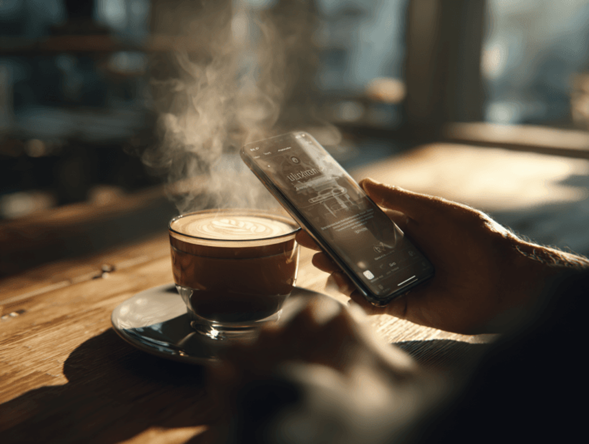Person holding smartphone near steaming cup of latte.