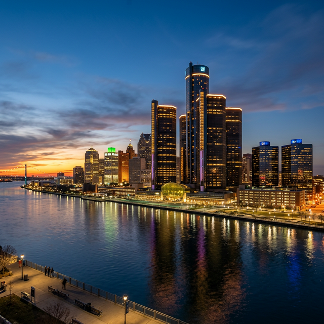 Detroit Michigan skyline with Renaissance Center and Detroit River at twilight