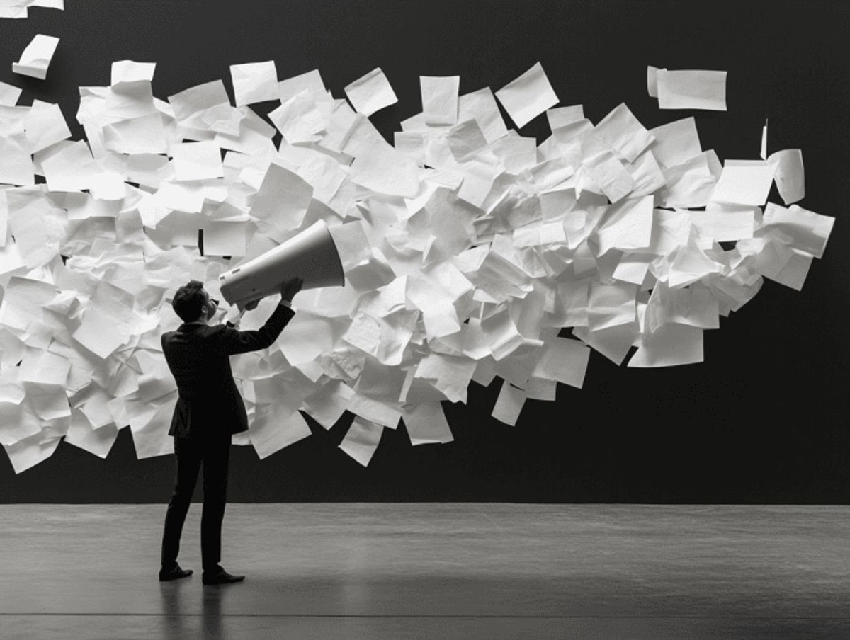 Man with megaphone among flying papers