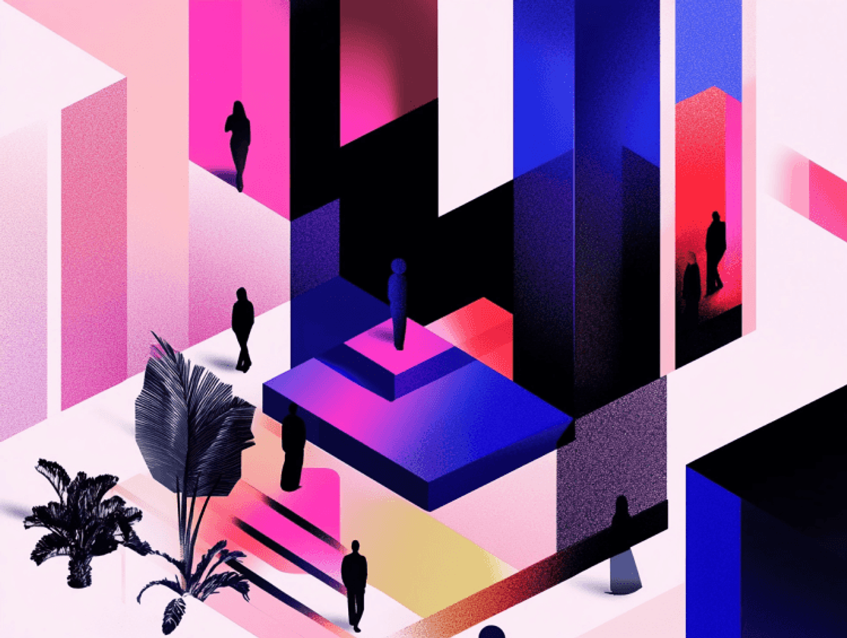 Abstract cityscape with vibrant colors and silhouettes.