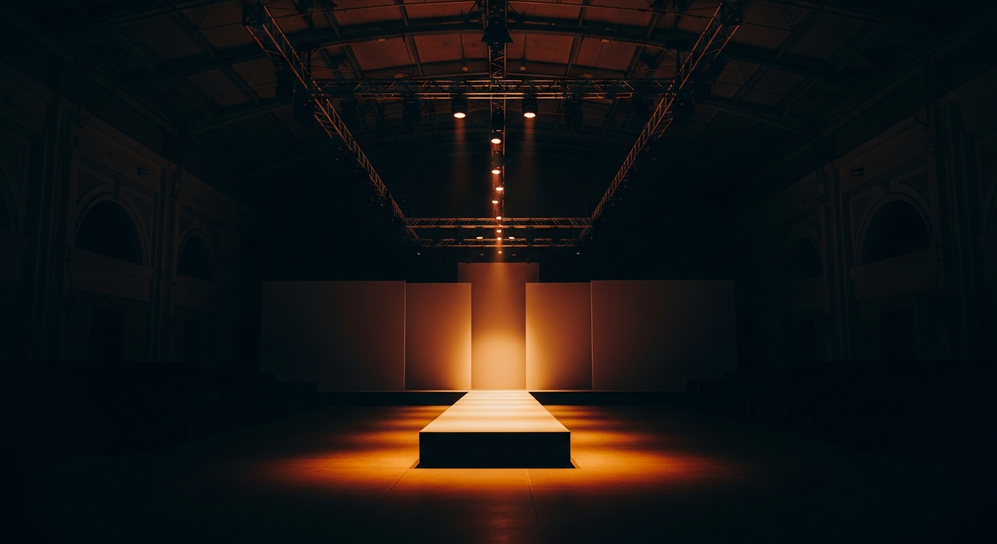 Elegant fashion runway setup with dramatic stage lighting