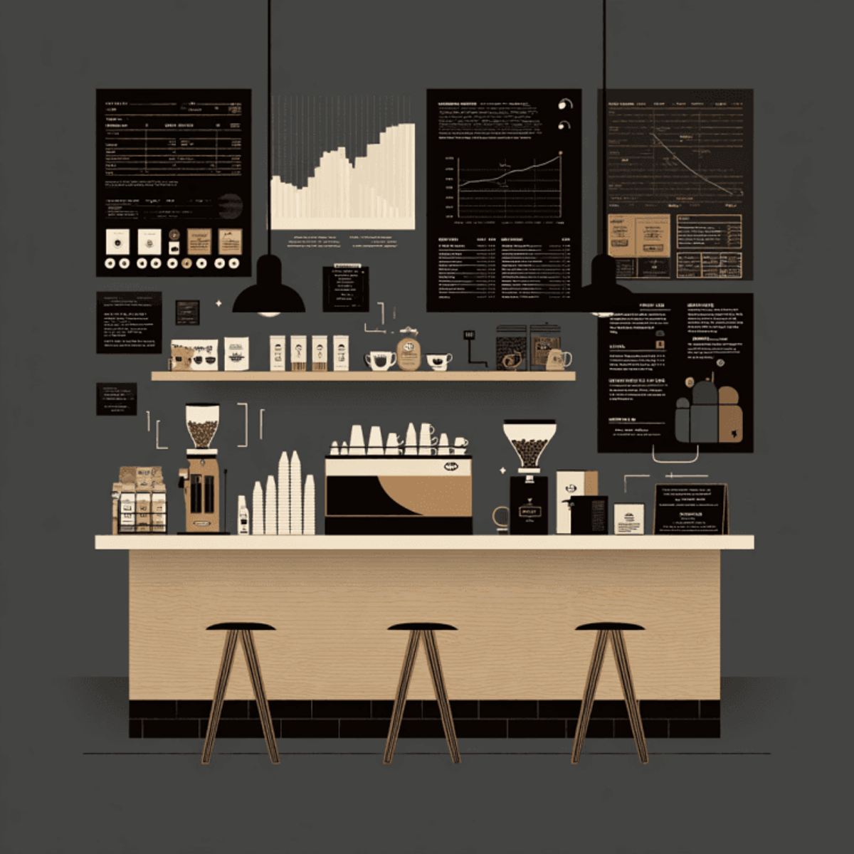 Trendy coffee shop with infographics and equipment display.