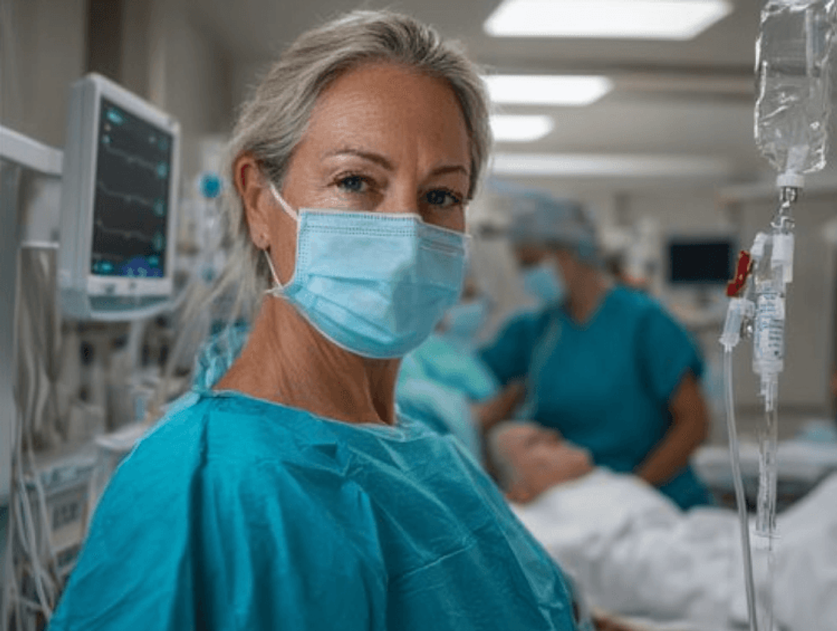 Masked healthcare worker in hospital room.