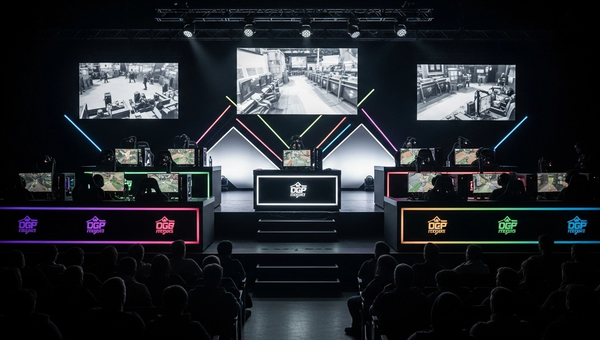 Gaming and esports event production with professional tournament setup, stage lighting, and pro gaming equipment