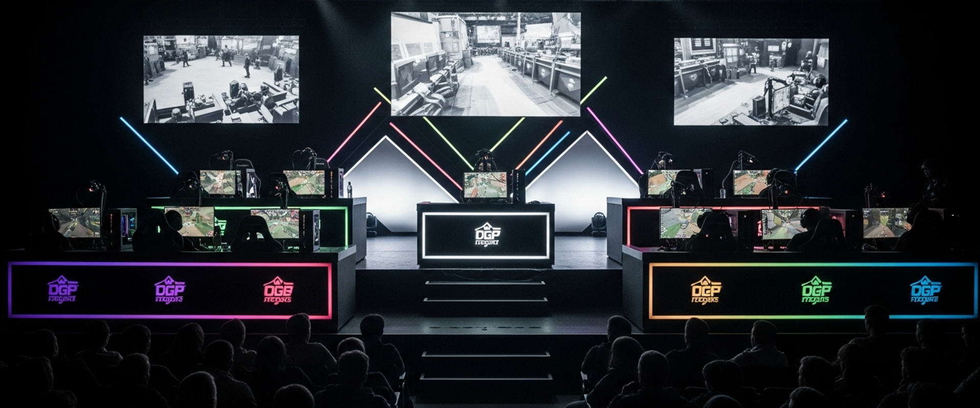 Gaming and esports event production with professional tournament setup, stage lighting, and pro gaming equipment