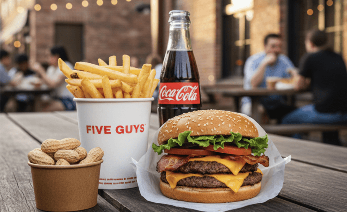 Cheeseburger, fries, peanuts, and soda on table outdoors.