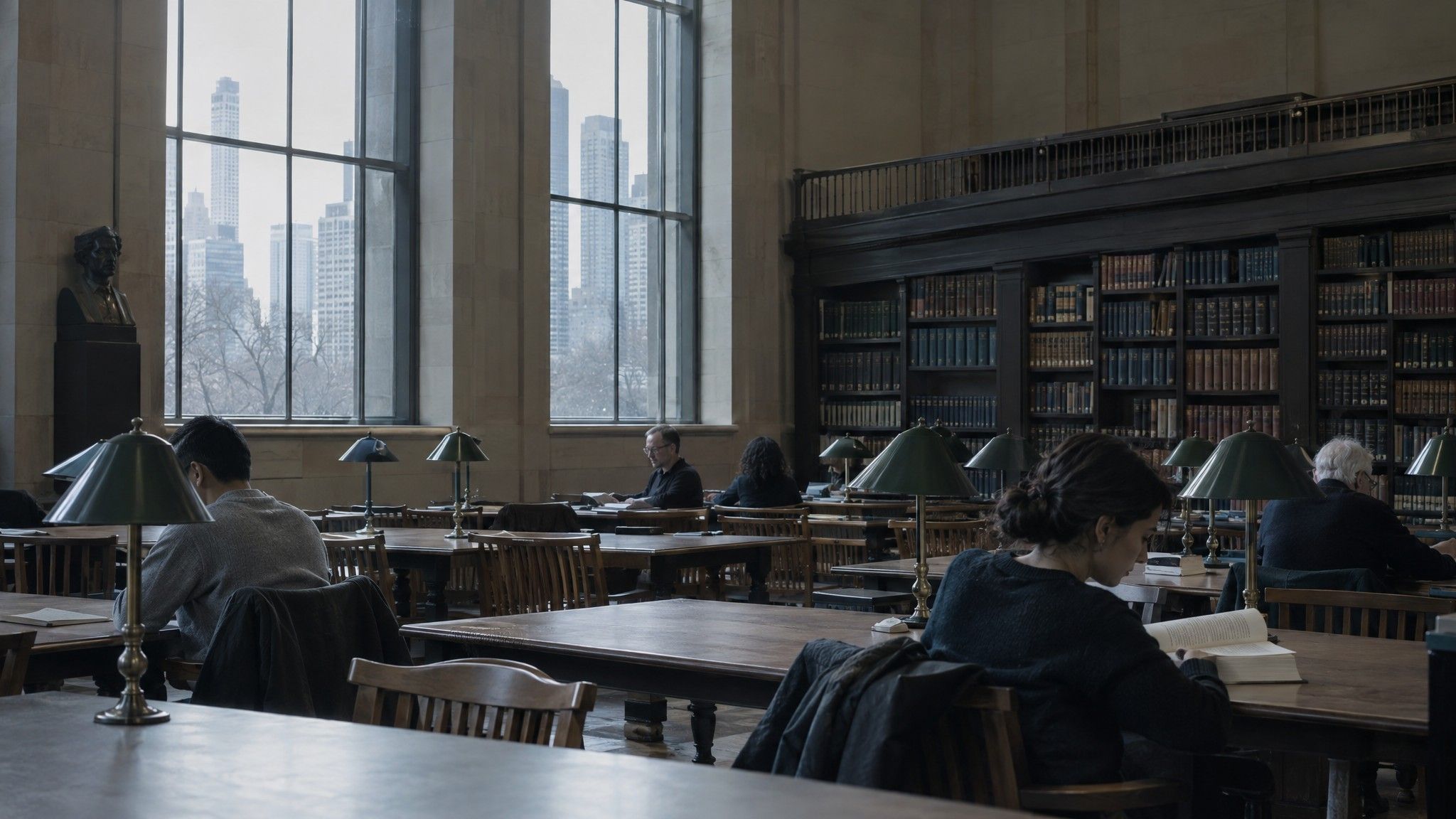 Empty library reading room with long tables and tall windows