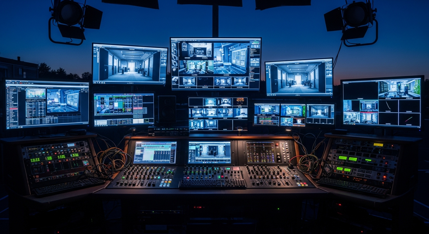 Professional virtual event production studio with monitors and broadcast equipment
