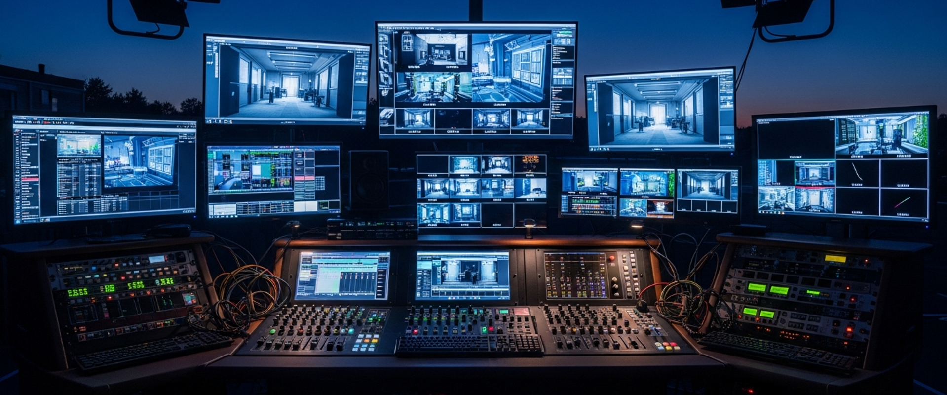 Professional virtual event production studio with monitors and broadcast equipment