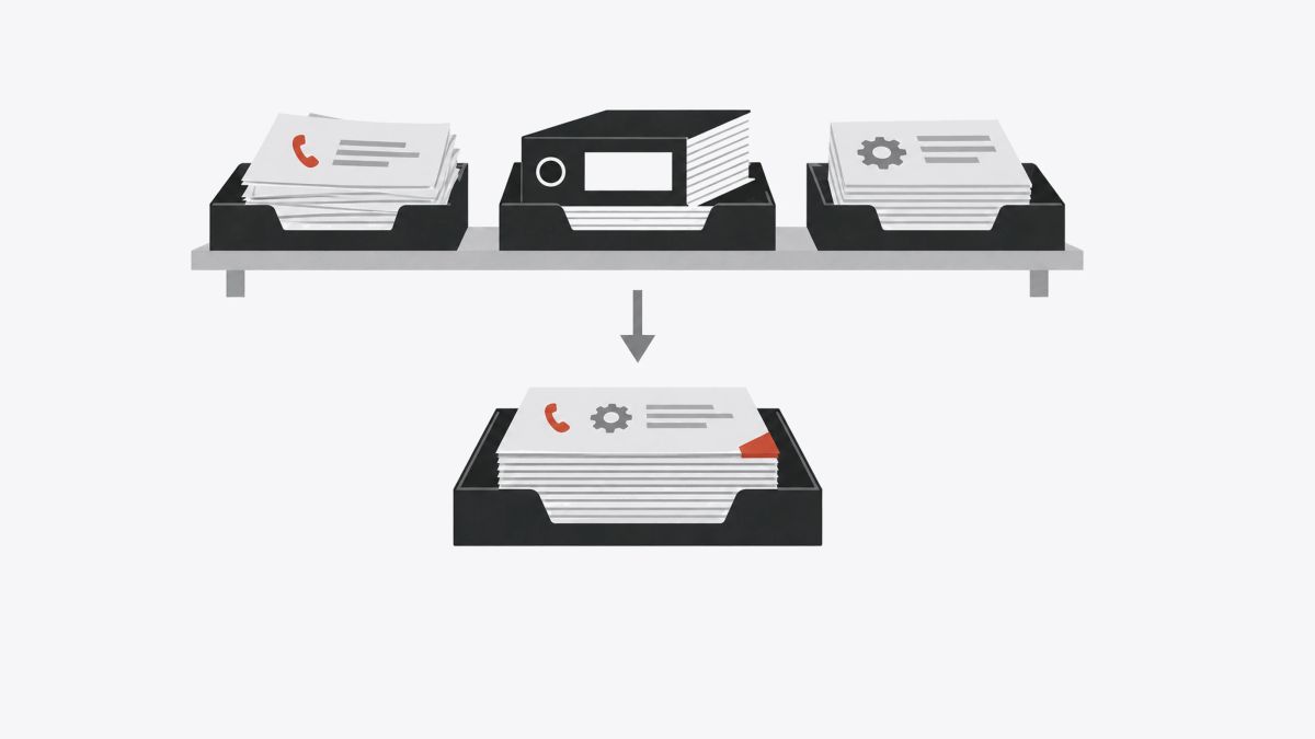 Illustration: One shared record gives an agent the whole client story at once call notes; deal records; support tickets. Separate systems leave an agent working from part of the picture.