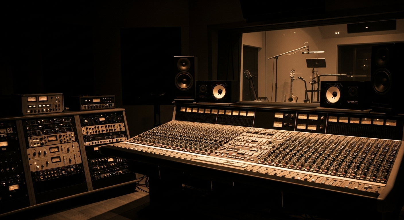 Professional recording studio control room with mixing console and studio monitors