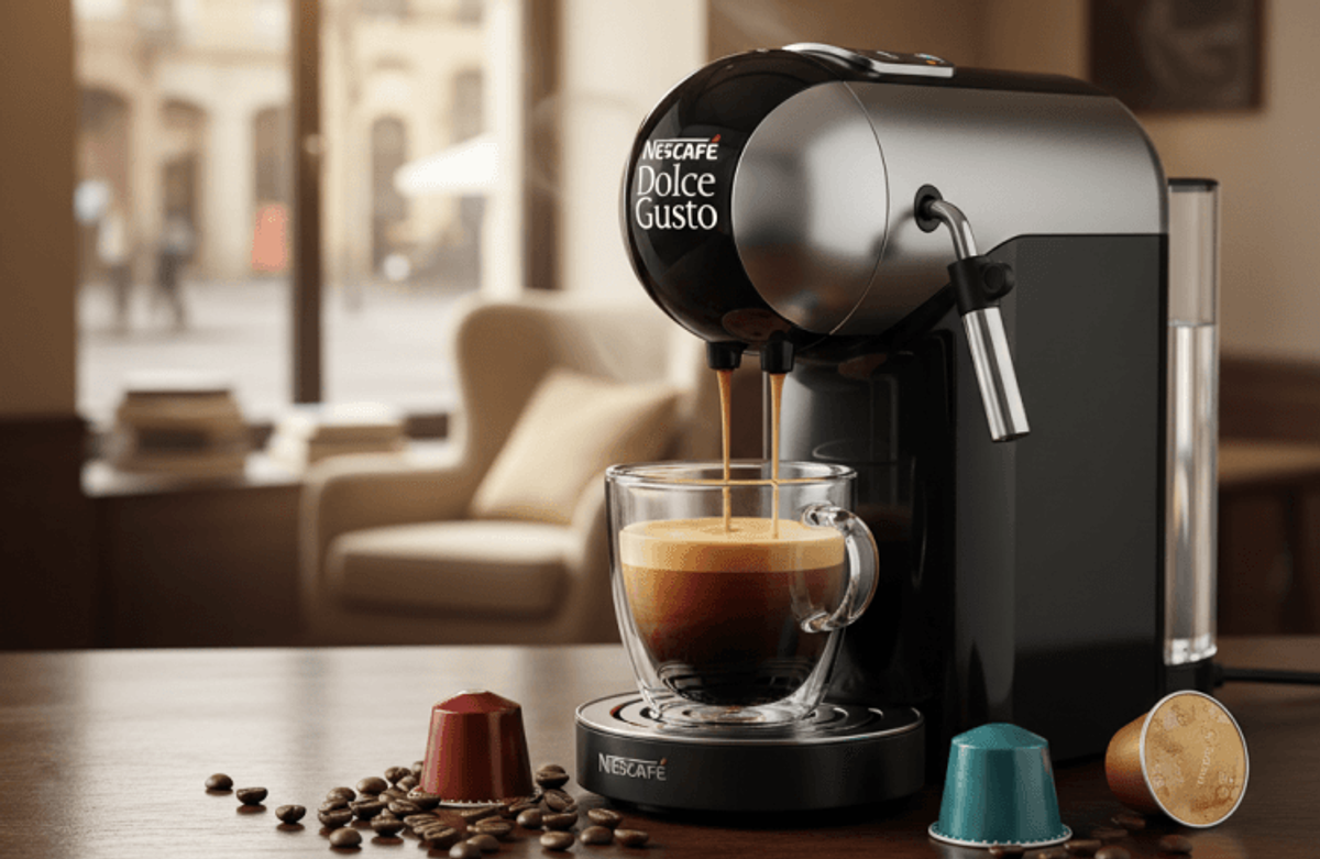 Coffee machine brewing espresso with capsules and beans.