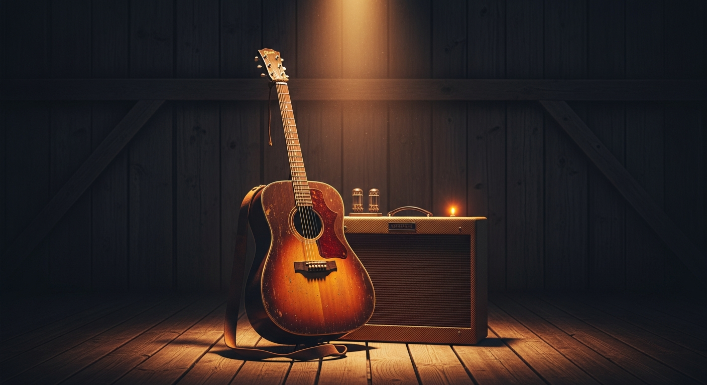 Country music promotion with acoustic guitar in rustic setting