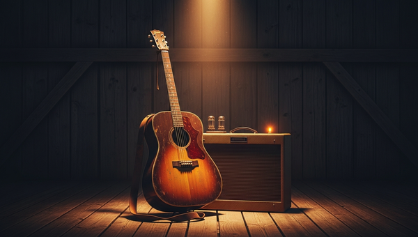 Country music promotion with acoustic guitar in rustic setting
