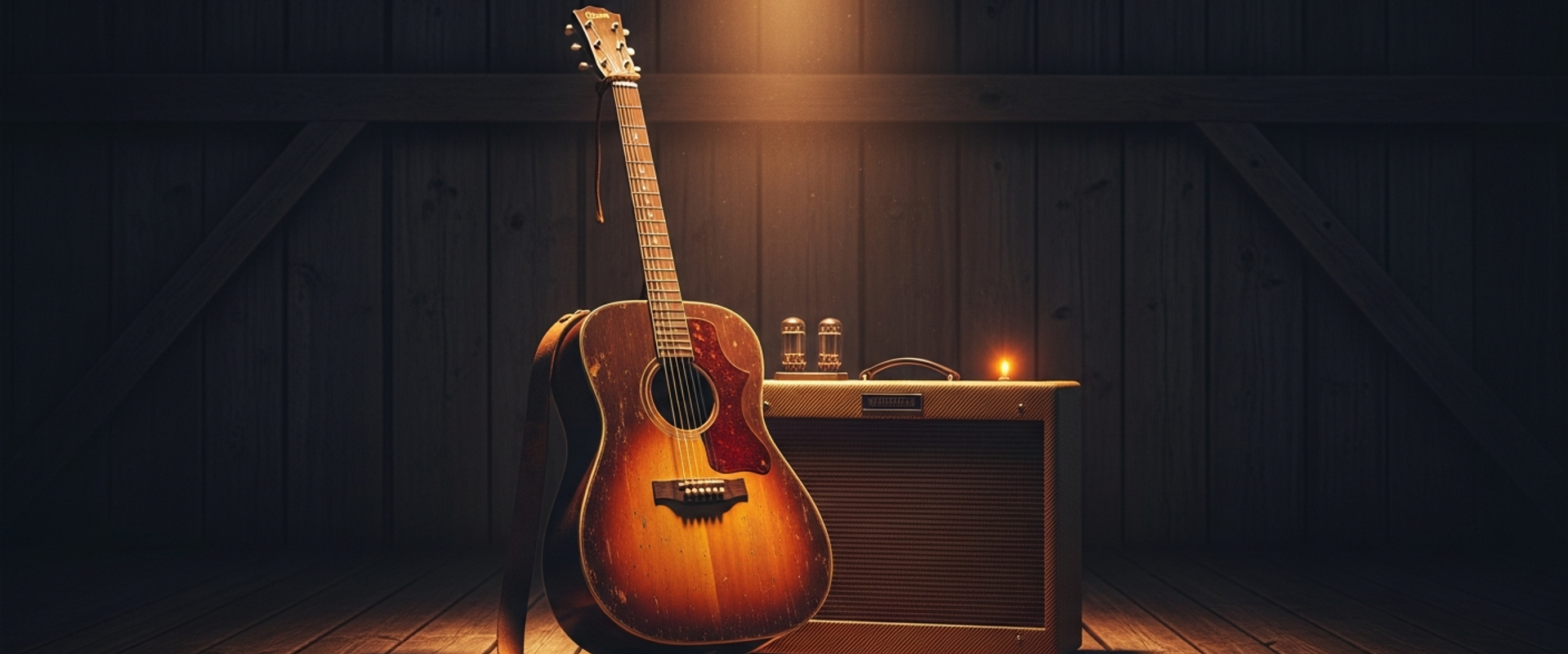 Country music promotion with acoustic guitar in rustic setting