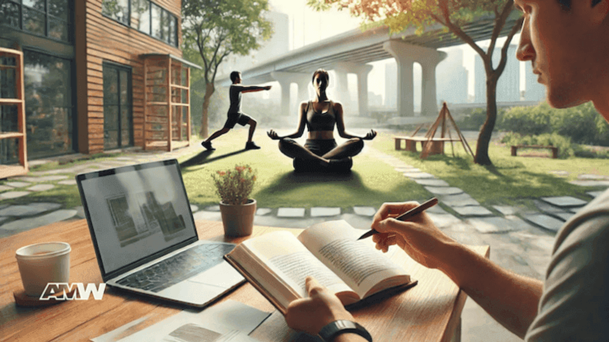 Man reading, woman meditating, another exercising outside.