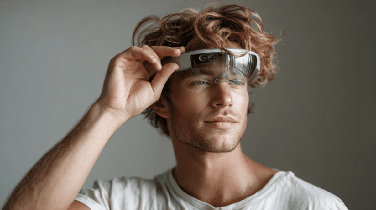 Person wearing augmented reality glasses, looking thoughtful.