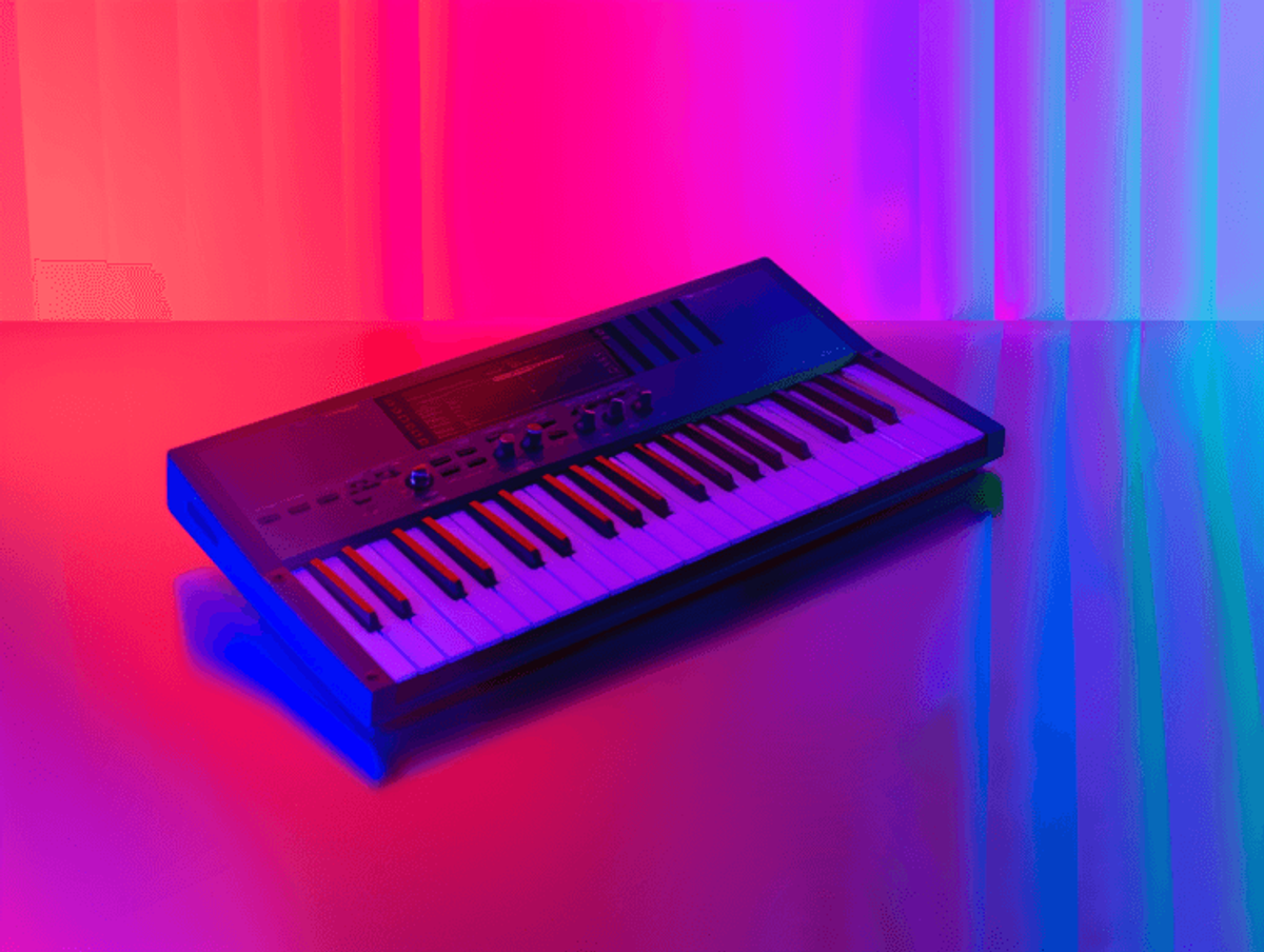 Synthesizer keyboard in vibrant colorful studio lighting.