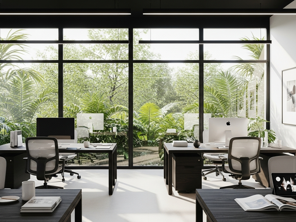 Modern content marketing office in Orlando with tropical views