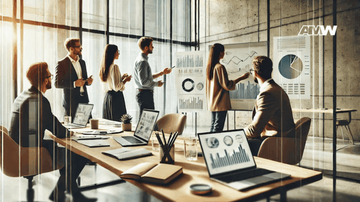 Business meeting with presentation and charts.