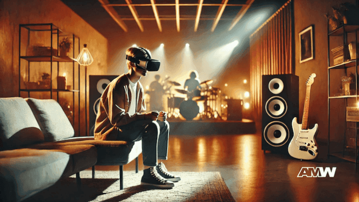 Person with VR headset watching virtual band.