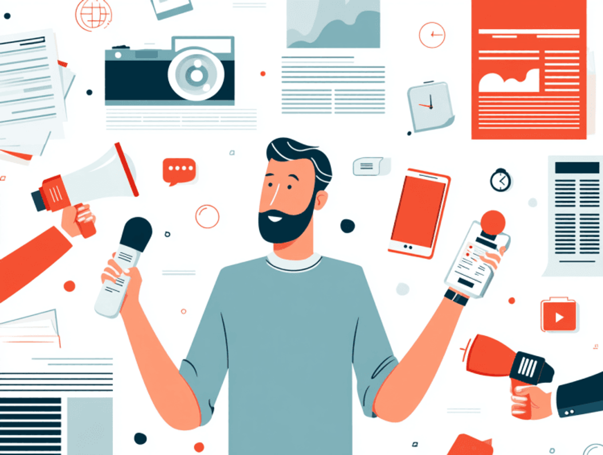 Illustration of person with communication tools and documents.