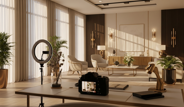 Professional content creator studio with ring light and premium camera equipment