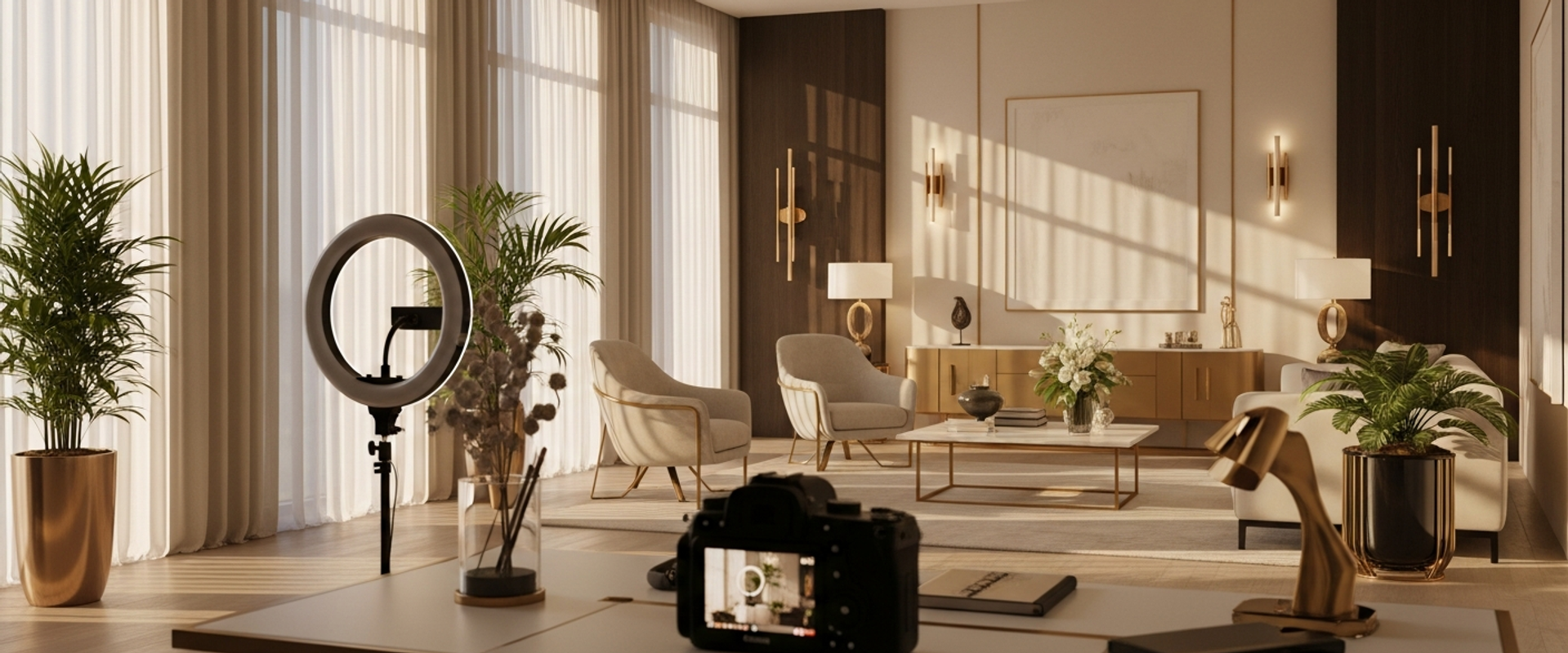 Professional content creator studio with ring light and premium camera equipment