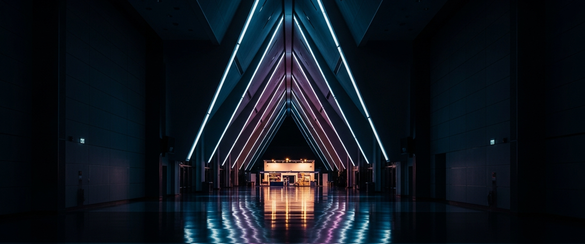 Convention center hallway at night with dramatic architectural lighting — understanding convention bureaus versus private event agencies