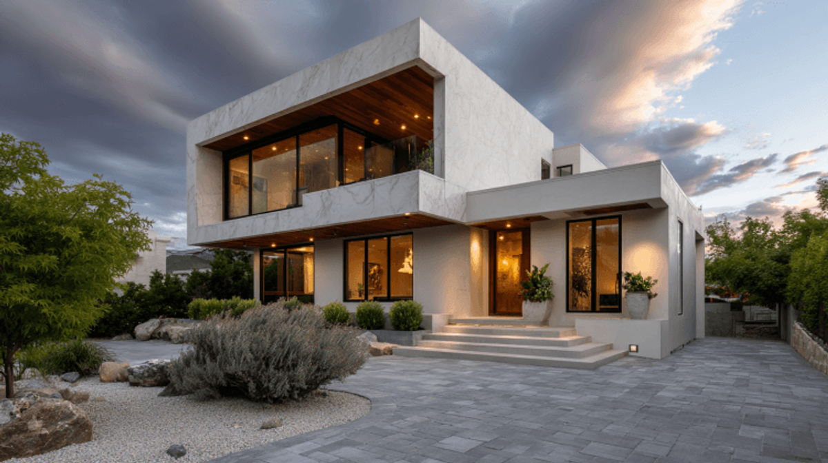 Modern two-story house with landscaped yard.