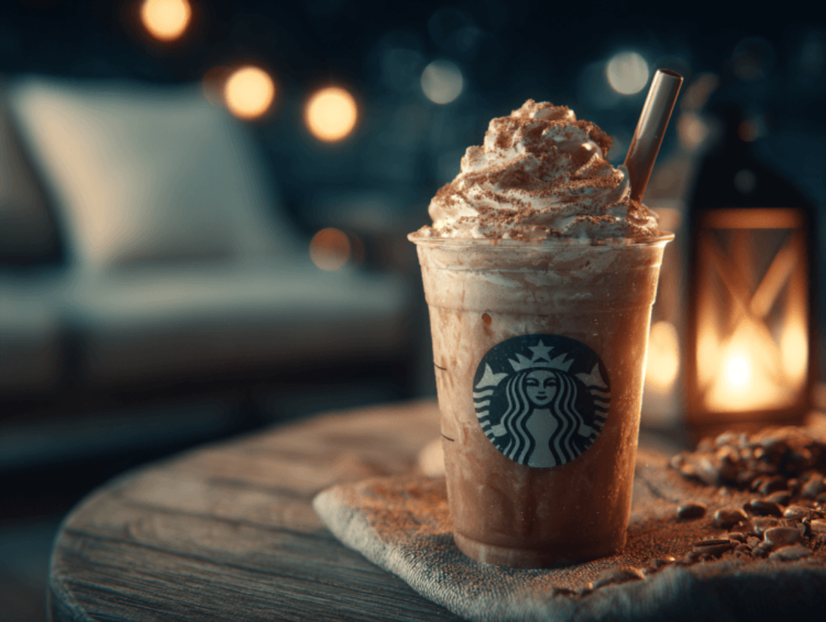 Iced coffee topped with whipped cream and candlelight ambiance.