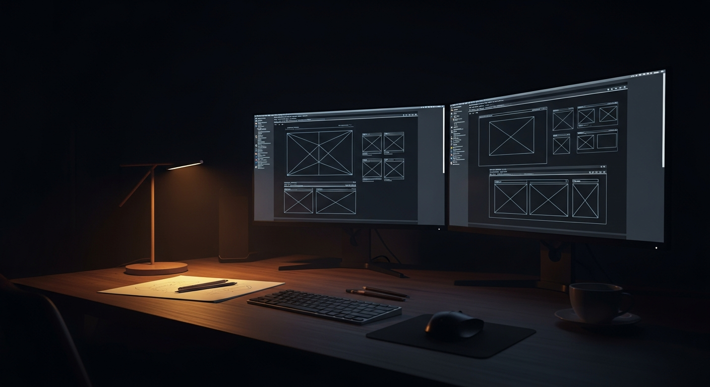 Design workstation with dual monitors showing wireframes in dark room with warm amber lighting