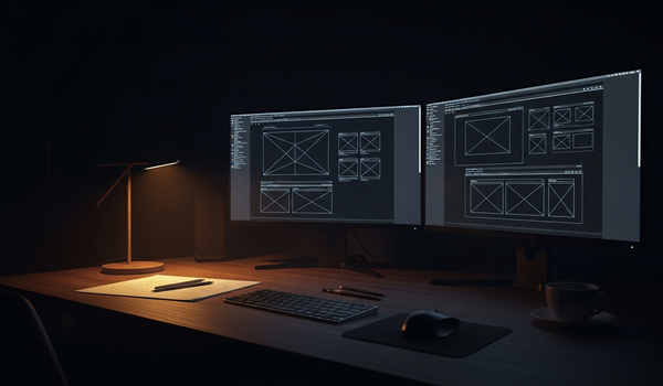 Design workstation with dual monitors showing wireframes in dark room with warm amber lighting