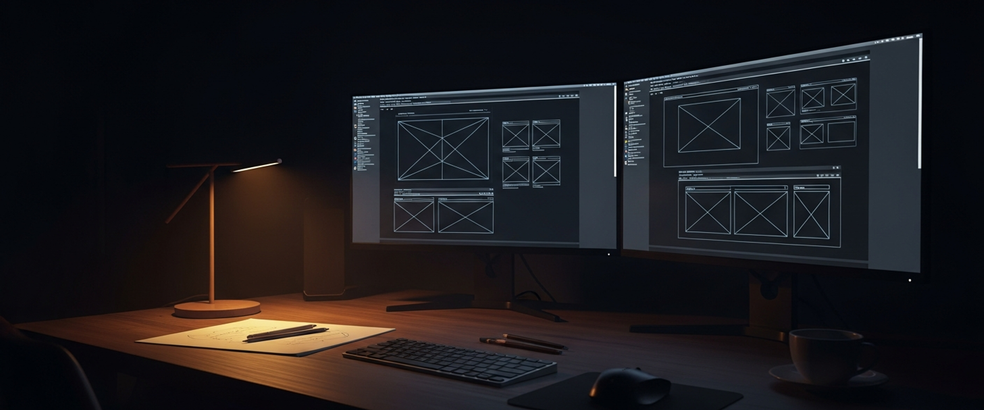 Design workstation with dual monitors showing wireframes in dark room with warm amber lighting