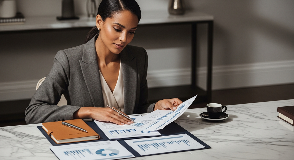 Business professional analyzing marketing budget and ROI metrics on financial dashboard